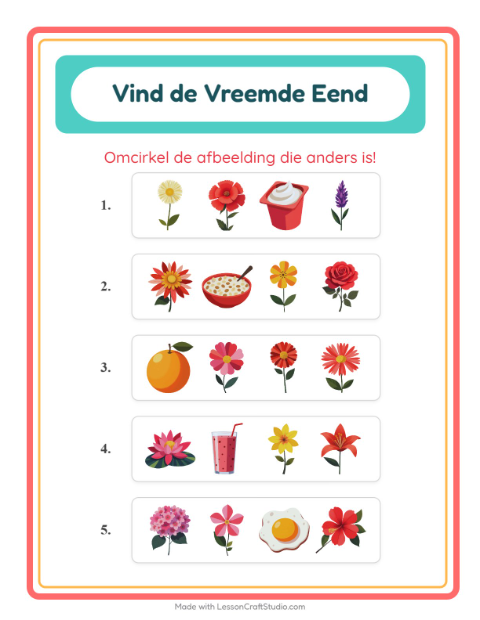 Voorbeeld van het Welke Hoort Er Niet Thuis-werkblad met Bloemen voor kleuterklas