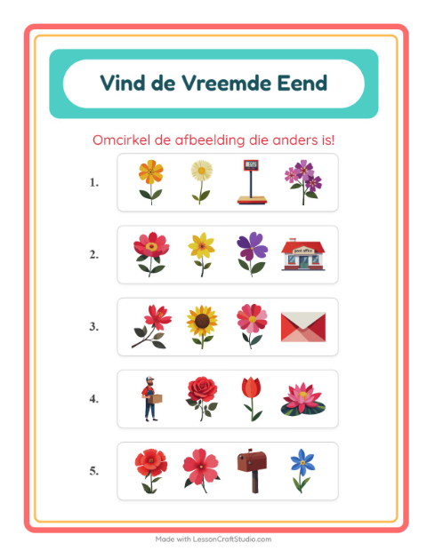 Voorbeeld van het Welke Hoort Er Niet Thuis-werkblad met Bloemen voor kleuterklas