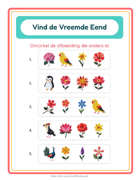 Voorbeeld van het Welke Hoort Er Niet Thuis-werkblad met Bloemen voor kleuterklas