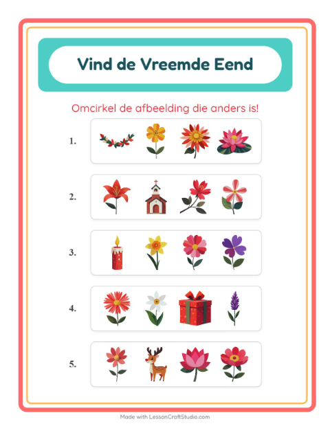 Voorbeeld van het Welke Hoort Er Niet Thuis-werkblad met Bloemen voor kleuterklas