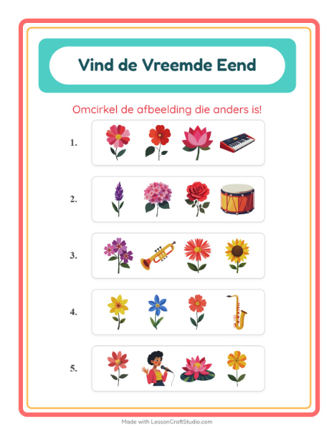Voorbeeld van het Welke Hoort Er Niet Thuis-werkblad met Bloemen voor kleuterklas