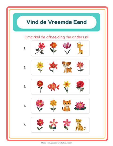 Voorbeeld van het Welke Hoort Er Niet Thuis-werkblad met Bloemen voor kleuterklas