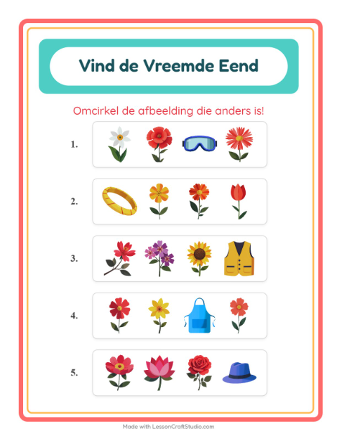 Voorbeeld van het Welke Hoort Er Niet Thuis-werkblad met Bloemen voor kleuterklas