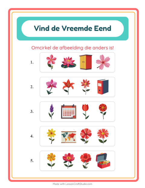 Voorbeeld van het Welke Hoort Er Niet Thuis-werkblad met Bloemen voor kleuterklas