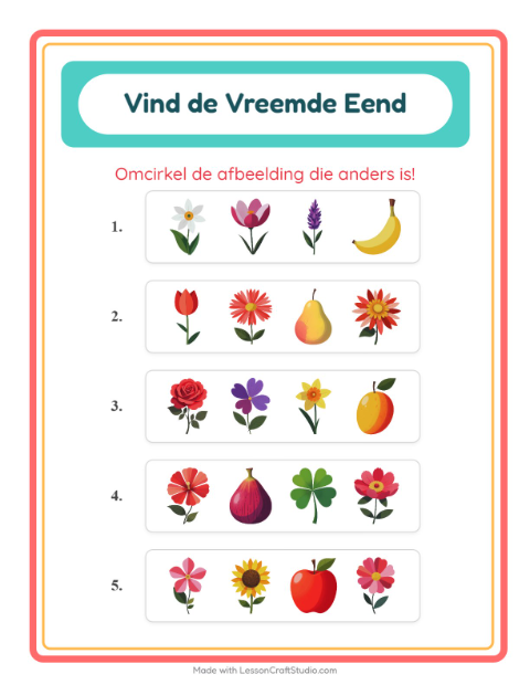 Voorbeeld van het Welke Hoort Er Niet Thuis-werkblad met Bloemen voor kleuterklas