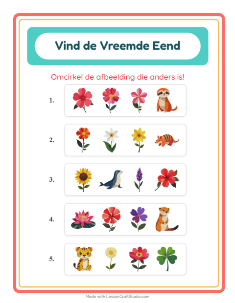 Voorbeeld van het Welke Hoort Er Niet Thuis-werkblad met Bloemen voor kleuterklas