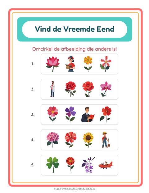 Voorbeeld van het Welke Hoort Er Niet Thuis-werkblad met Bloemen voor kleuterklas