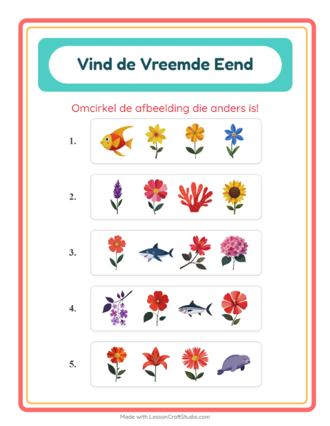 Voorbeeld van het Welke Hoort Er Niet Thuis-werkblad met Bloemen voor kleuterklas