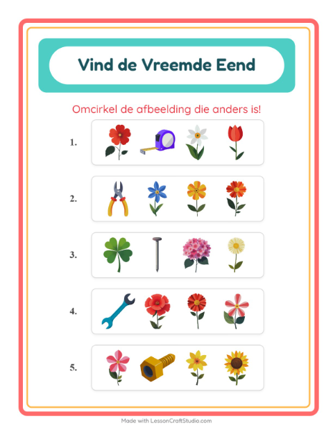 Voorbeeld van het Welke Hoort Er Niet Thuis-werkblad met Bloemen voor kleuterklas