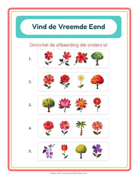 Voorbeeld van het Welke Hoort Er Niet Thuis-werkblad met Bloemen voor kleuterklas