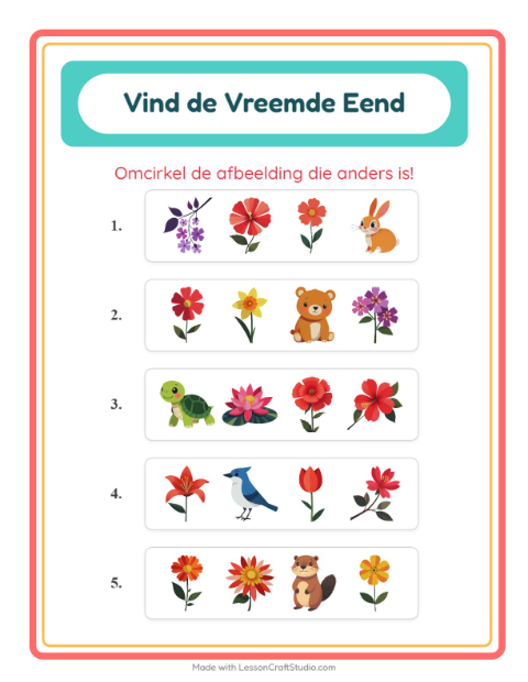 Voorbeeld van het Welke Hoort Er Niet Thuis-werkblad met Bloemen voor kleuterklas