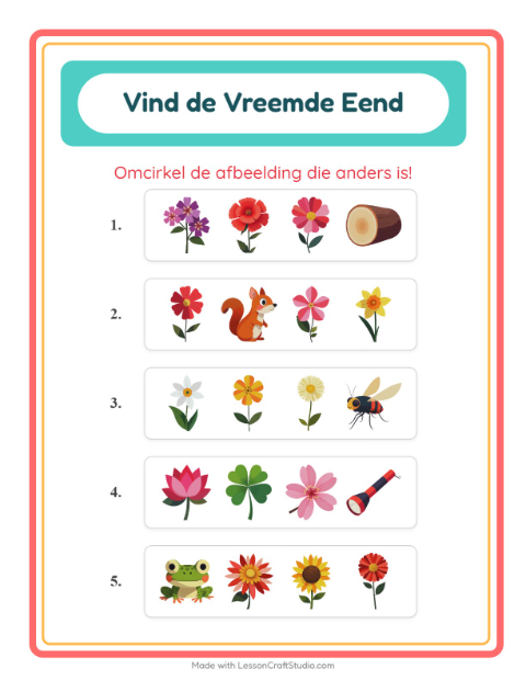 Voorbeeld van het Welke Hoort Er Niet Thuis-werkblad met Bloemen voor kleuterklas
