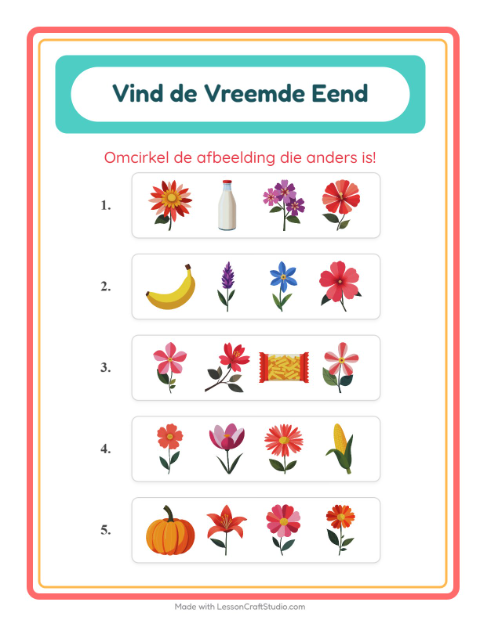 Voorbeeld van het Welke Hoort Er Niet Thuis-werkblad met Bloemen voor kleuterklas
