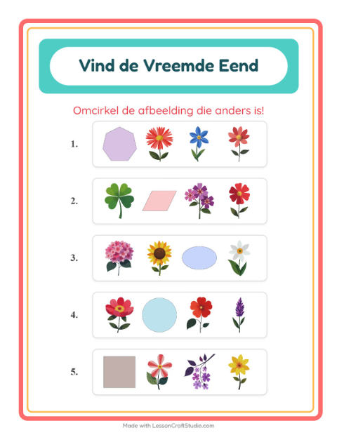 Voorbeeld van het Welke Hoort Er Niet Thuis-werkblad met Bloemen voor kleuterklas