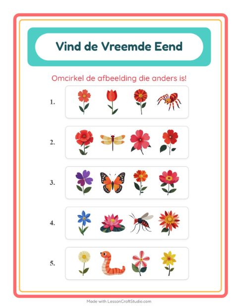 Voorbeeld van het Welke Hoort Er Niet Thuis-werkblad met Bloemen voor kleuterklas