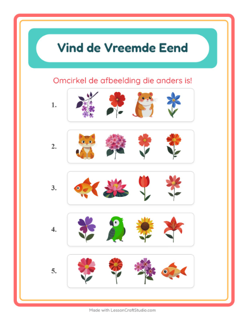 Voorbeeld van het Welke Hoort Er Niet Thuis-werkblad met Bloemen voor kleuterklas