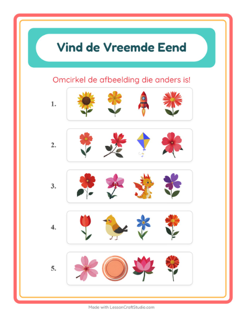 Voorbeeld van het Welke Hoort Er Niet Thuis-werkblad met Bloemen voor kleuterklas