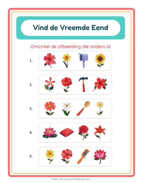 Voorbeeld van het Welke Hoort Er Niet Thuis-werkblad met Bloemen voor kleuterklas
