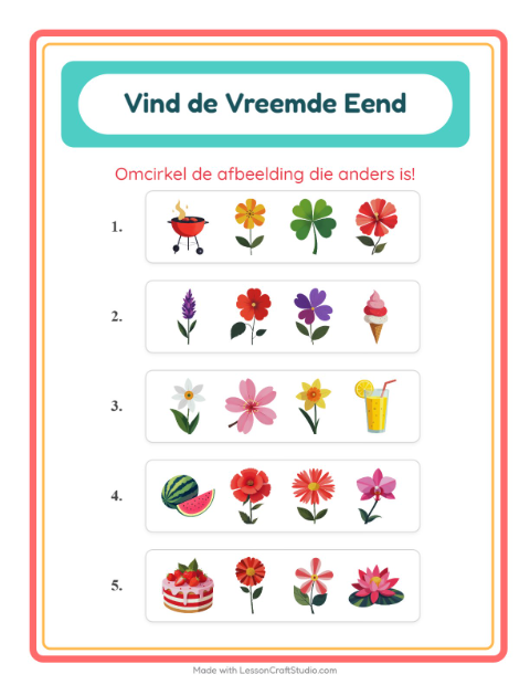 Voorbeeld van het Welke Hoort Er Niet Thuis-werkblad met Bloemen voor kleuterklas