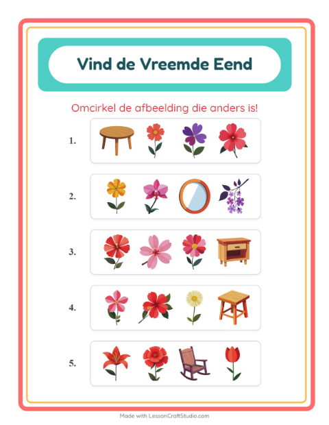 Voorbeeld van het Welke Hoort Er Niet Thuis-werkblad met Bloemen voor kleuterklas