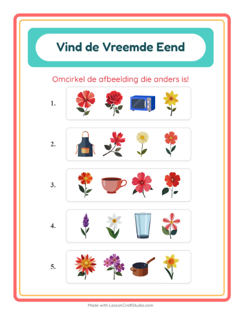 Voorbeeld van het Welke Hoort Er Niet Thuis-werkblad met Bloemen voor kleuterklas