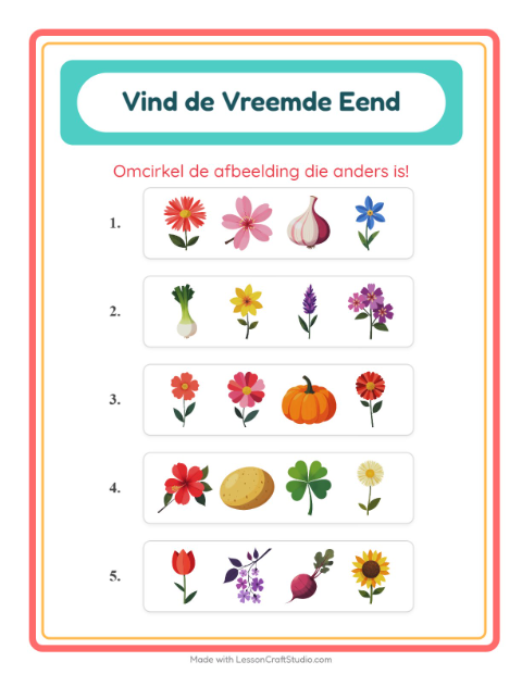 Voorbeeld van het Welke Hoort Er Niet Thuis-werkblad met Bloemen voor kleuterklas