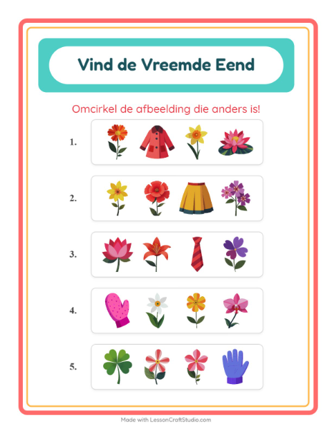 Voorbeeld van het Welke Hoort Er Niet Thuis-werkblad met Bloemen voor kleuterklas