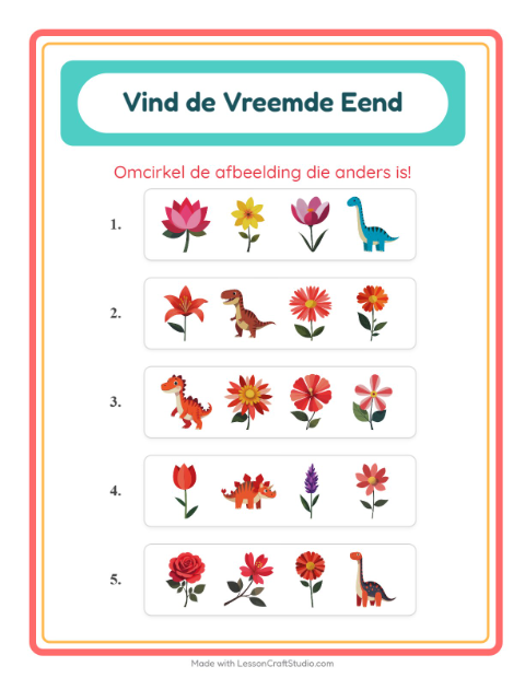 Voorbeeld van het Welke Hoort Er Niet Thuis-werkblad met Bloemen voor kleuterklas