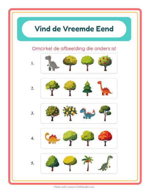 Voorbeeld van het Welke Hoort Er Niet Thuis-werkblad met Bomen voor kleuterklas