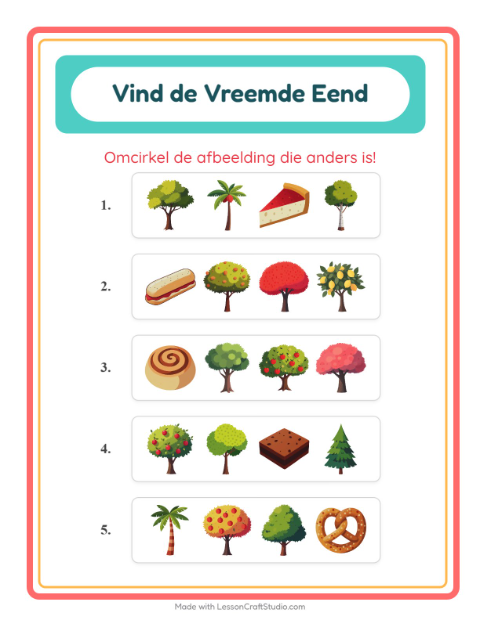 Voorbeeld van het Welke Hoort Er Niet Thuis-werkblad met Bomen voor kleuterklas