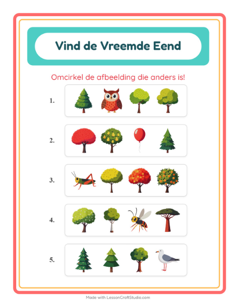 Voorbeeld van het Welke Hoort Er Niet Thuis-werkblad met Bomen voor kleuterklas