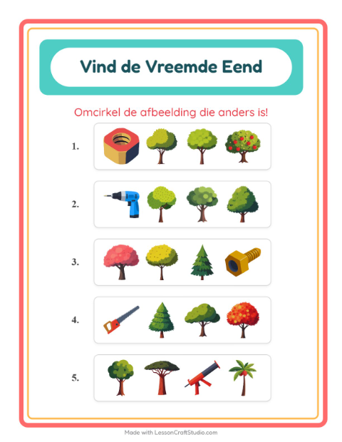 Voorbeeld van het Welke Hoort Er Niet Thuis-werkblad met Bomen voor kleuterklas