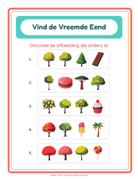 Voorbeeld van het Welke Hoort Er Niet Thuis-werkblad met Bomen voor kleuterklas