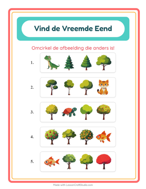 Voorbeeld van het Welke Hoort Er Niet Thuis-werkblad met Bomen voor kleuterklas