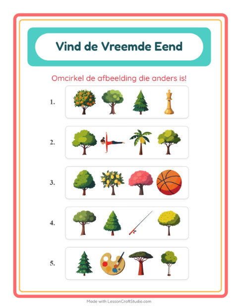 Voorbeeld van het Welke Hoort Er Niet Thuis-werkblad met Bomen voor kleuterklas