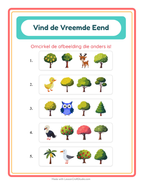 Voorbeeld van het Welke Hoort Er Niet Thuis-werkblad met Bomen voor kleuterklas