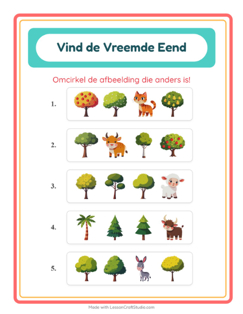 Voorbeeld van het Welke Hoort Er Niet Thuis-werkblad met Bomen voor kleuterklas