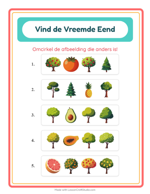 Voorbeeld van het Welke Hoort Er Niet Thuis-werkblad met Bomen voor kleuterklas