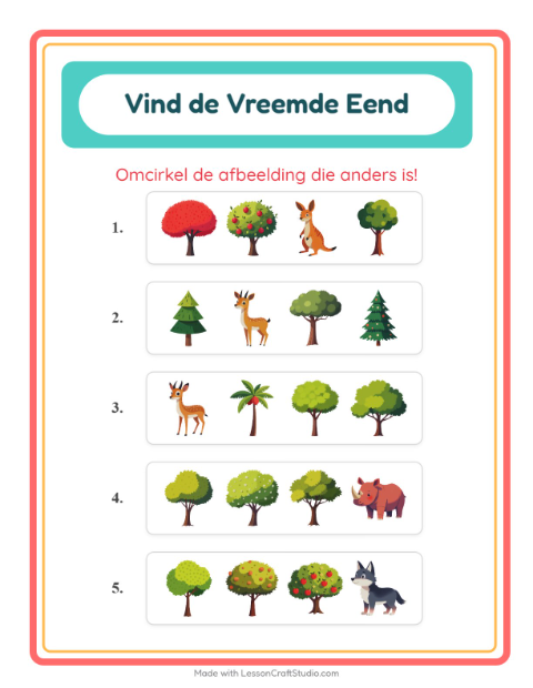 Voorbeeld van het Welke Hoort Er Niet Thuis-werkblad met Bomen voor kleuterklas