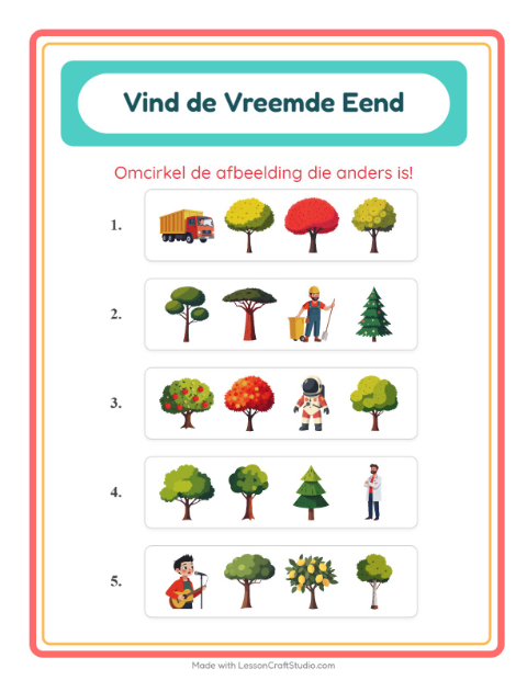 Voorbeeld van het Welke Hoort Er Niet Thuis-werkblad met Bomen voor kleuterklas
