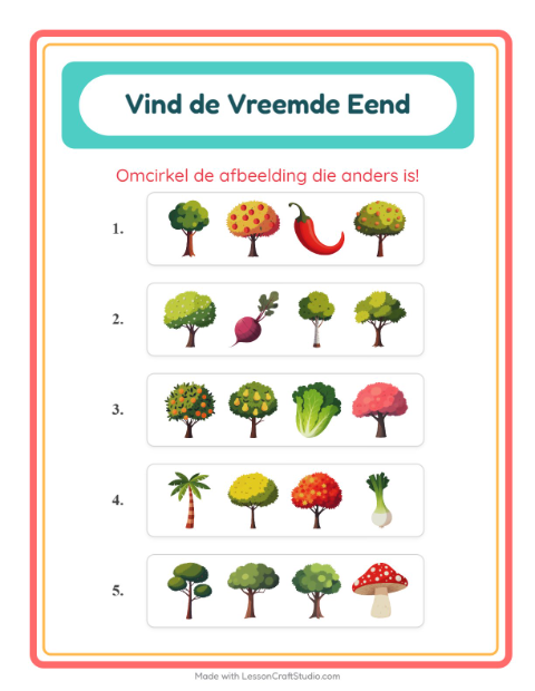 Voorbeeld van het Welke Hoort Er Niet Thuis-werkblad met Bomen voor kleuterklas