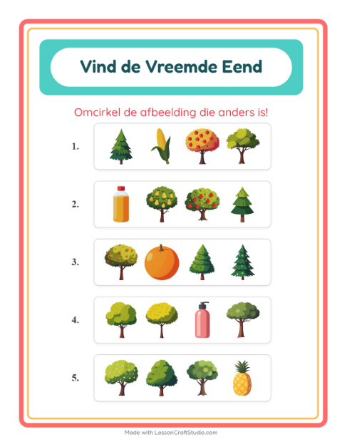 Voorbeeld van het Welke Hoort Er Niet Thuis-werkblad met Bomen voor kleuterklas