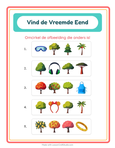 Voorbeeld van het Welke Hoort Er Niet Thuis-werkblad met Bomen voor kleuterklas