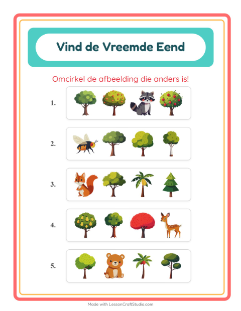 Voorbeeld van het Welke Hoort Er Niet Thuis-werkblad met Bomen voor kleuterklas