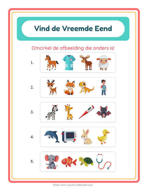 Voorbeeld van het Welke Hoort Er Niet Thuis-werkblad met Dieren voor kleuterklas