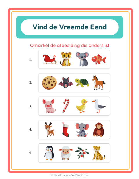 Voorbeeld van het Welke Hoort Er Niet Thuis-werkblad met Dieren voor kleuterklas