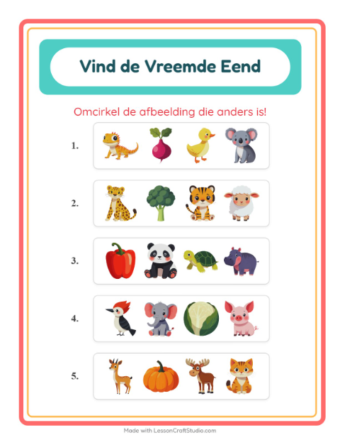 Voorbeeld van het Welke Hoort Er Niet Thuis-werkblad met Dieren voor kleuterklas