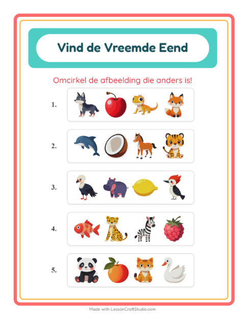 Voorbeeld van het Welke Hoort Er Niet Thuis-werkblad met Dieren voor kleuterklas