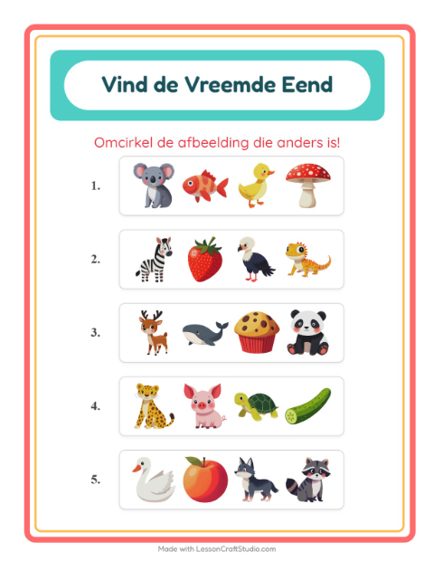 Voorbeeld van het Welke Hoort Er Niet Thuis-werkblad met Dieren voor kleuterklas