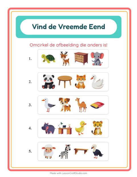 Voorbeeld van het Welke Hoort Er Niet Thuis-werkblad met Dieren voor kleuterklas